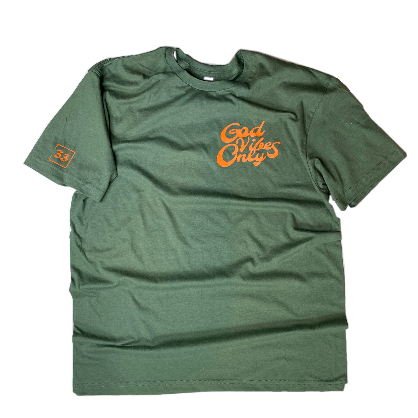 God Vibes Only Olive Green with Orange Letters Unisex T-shirt LIMITED EDITION