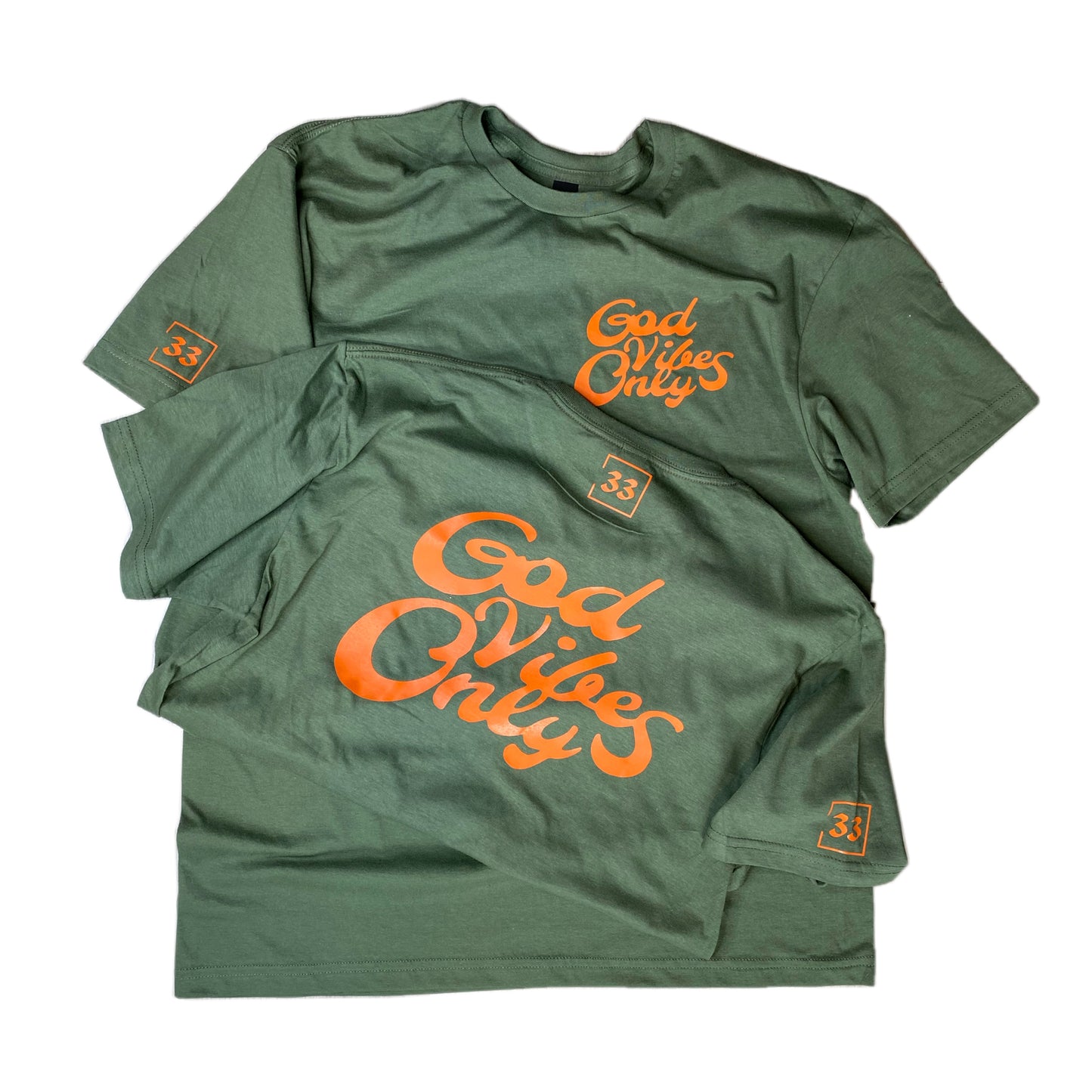 God Vibes Only Olive Green with Orange Letters Unisex T-shirt LIMITED EDITION
