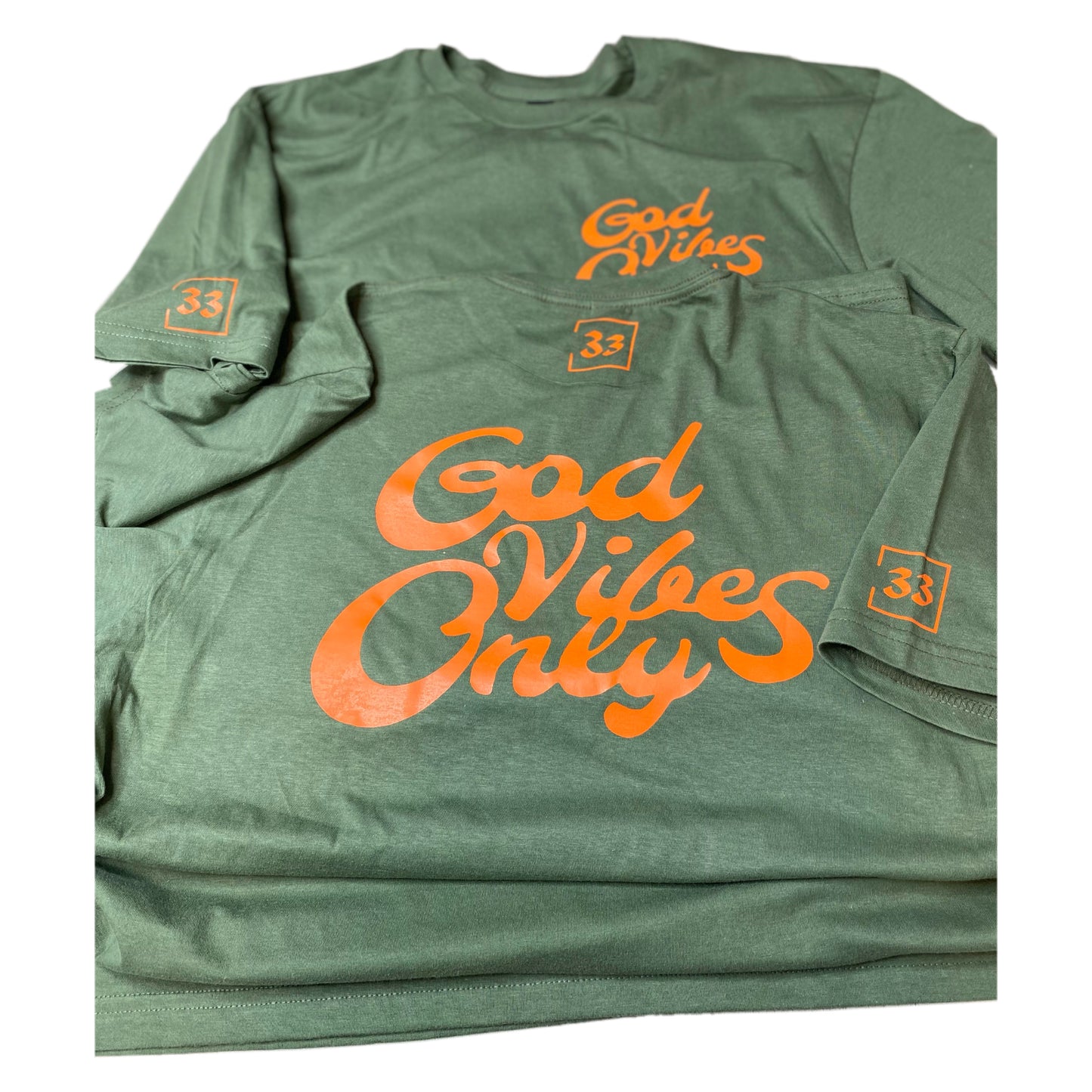 God Vibes Only Olive Green with Orange Letters Unisex T-shirt LIMITED EDITION